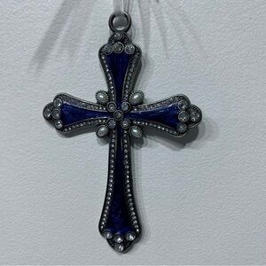 Blue/Purple Ornate Enamel Brass Metal CROSS w/Rhinestones Crystals & Faux Pearls